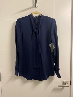 Theory Raashida Deep Blue Tie-Neck Silk Blouse New S Small